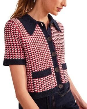 Boden Short Sleeve Cropped Wool Alpaca Blend Geo Cardigan Sweater Size XS